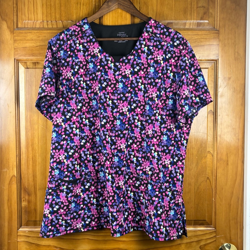 Cherokee Infinity Womens 2XL Floral Scrub Top V-Neck Pink Purple Bright Stretchy